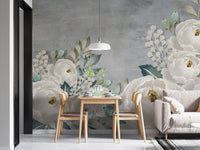 Grunge-inspired wall mural with artistic peony sketch designs for dining space.
