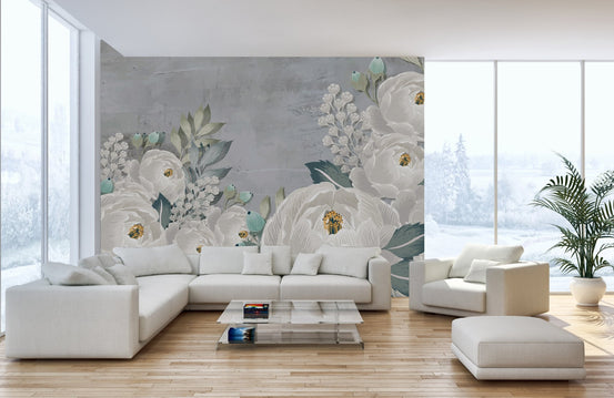 Graceful peony sketch wall mural for modern and edgy living interiors.

