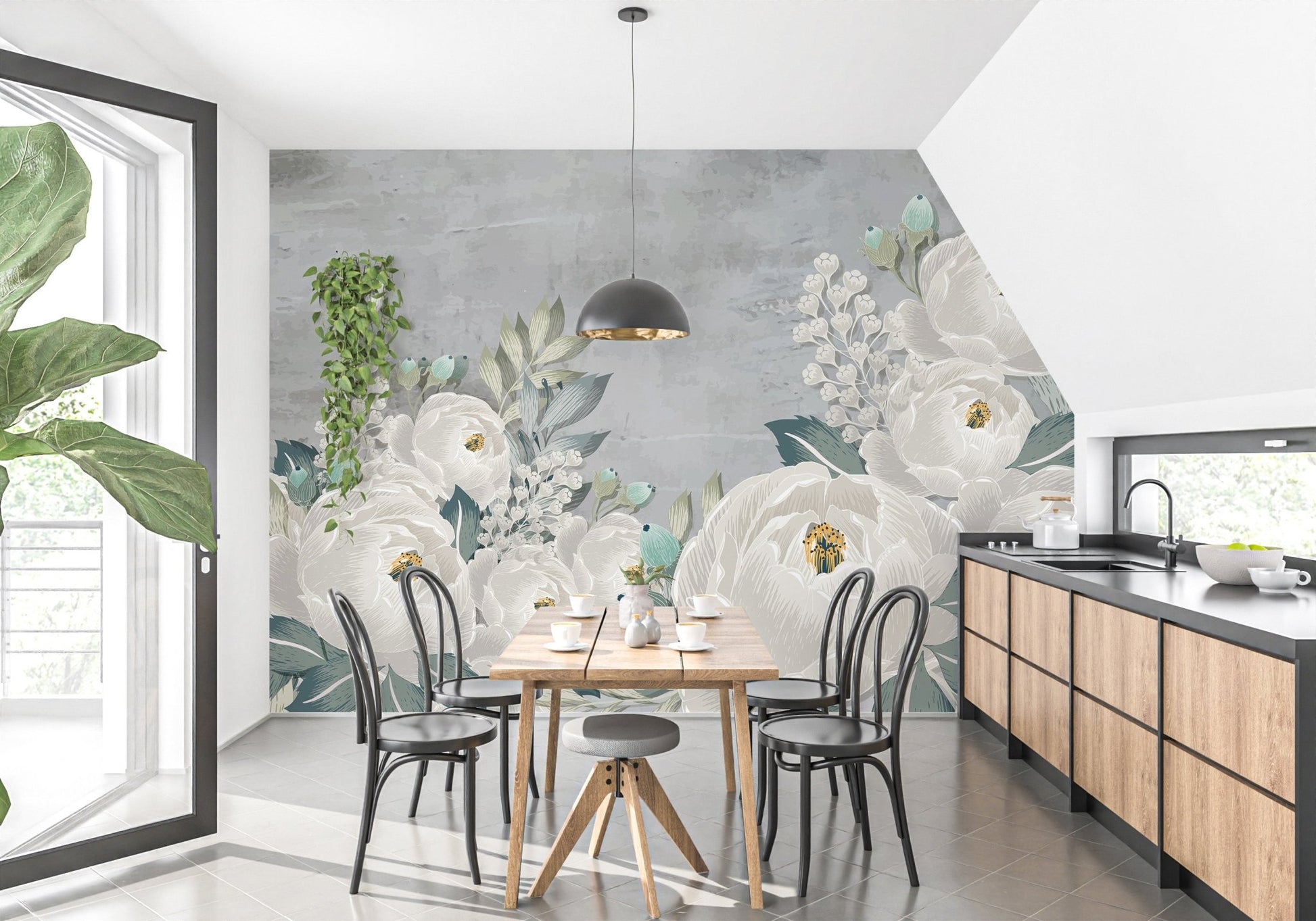 Grunge-style peony sketch mural for bold and elegant kitchen walls.