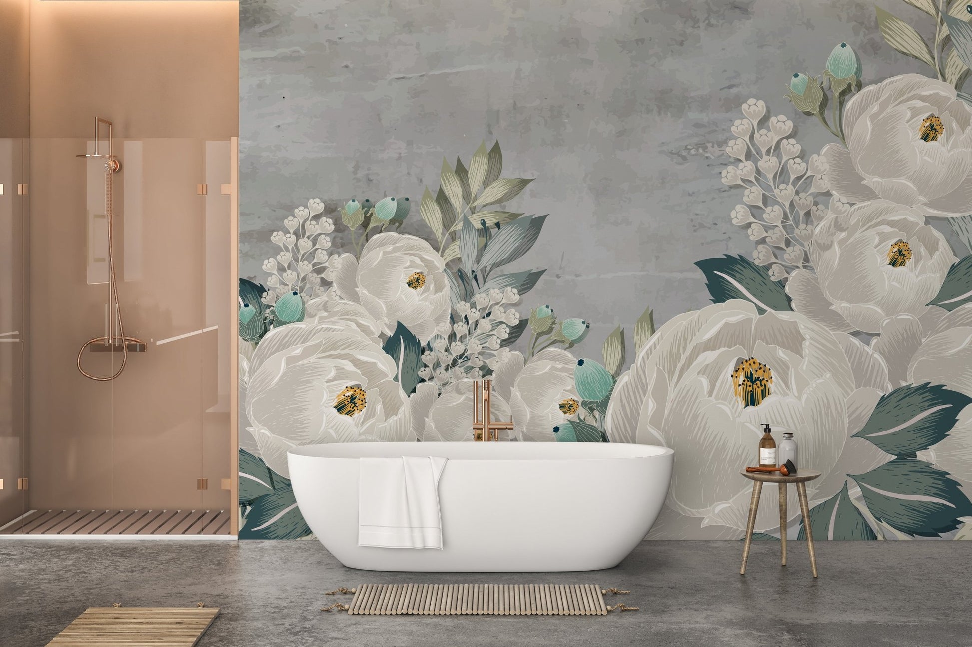Elegant peony sketch wall mural with a touch of grunge aesthetics in bathroom.
