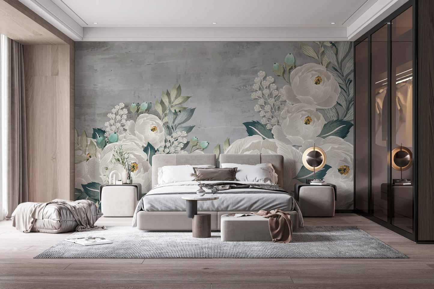 Artistic grunge wall mural with peony sketches for chic bedroom decor.
