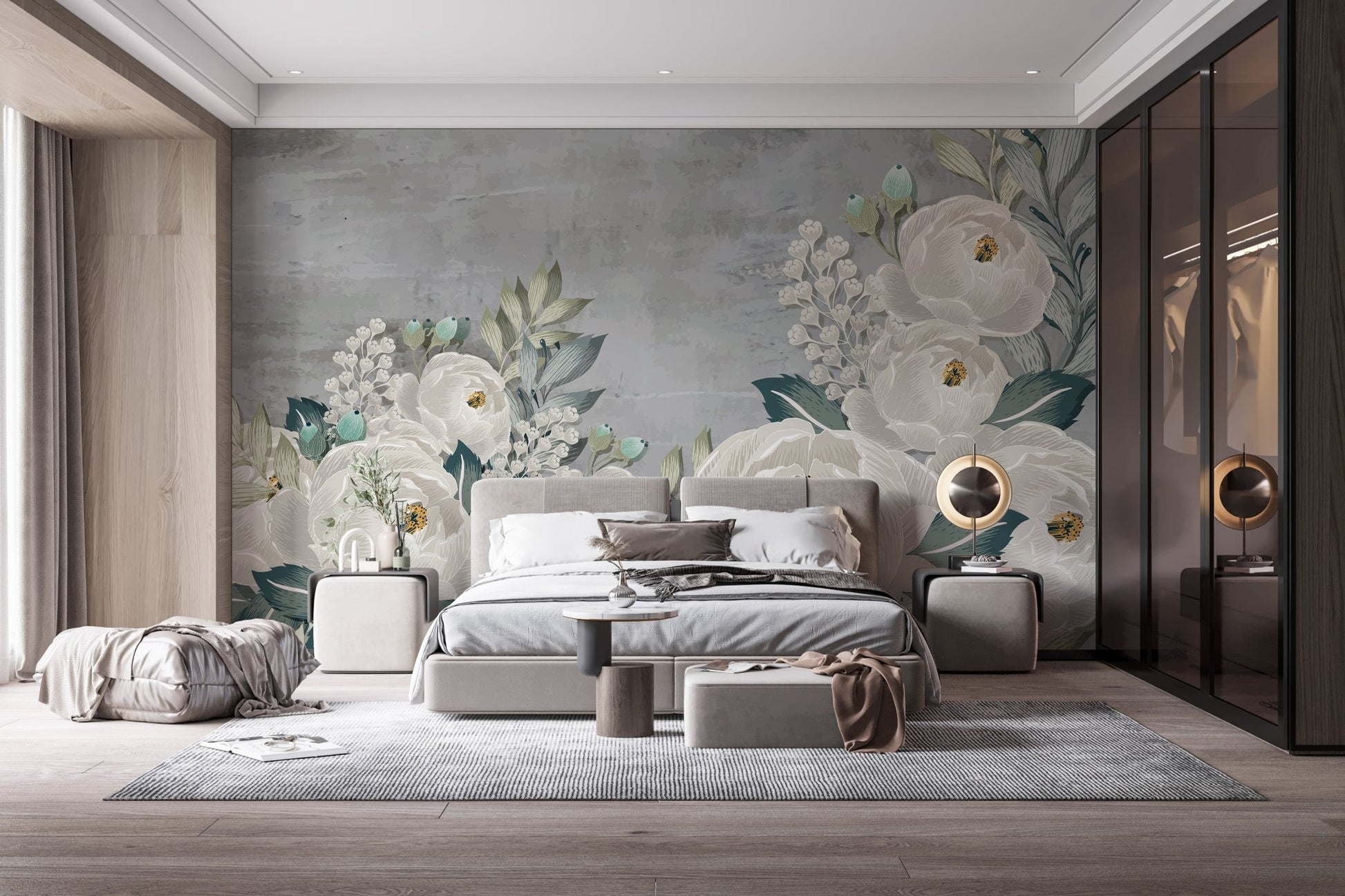 Artistic grunge wall mural with peony sketches for chic bedroom decor.
