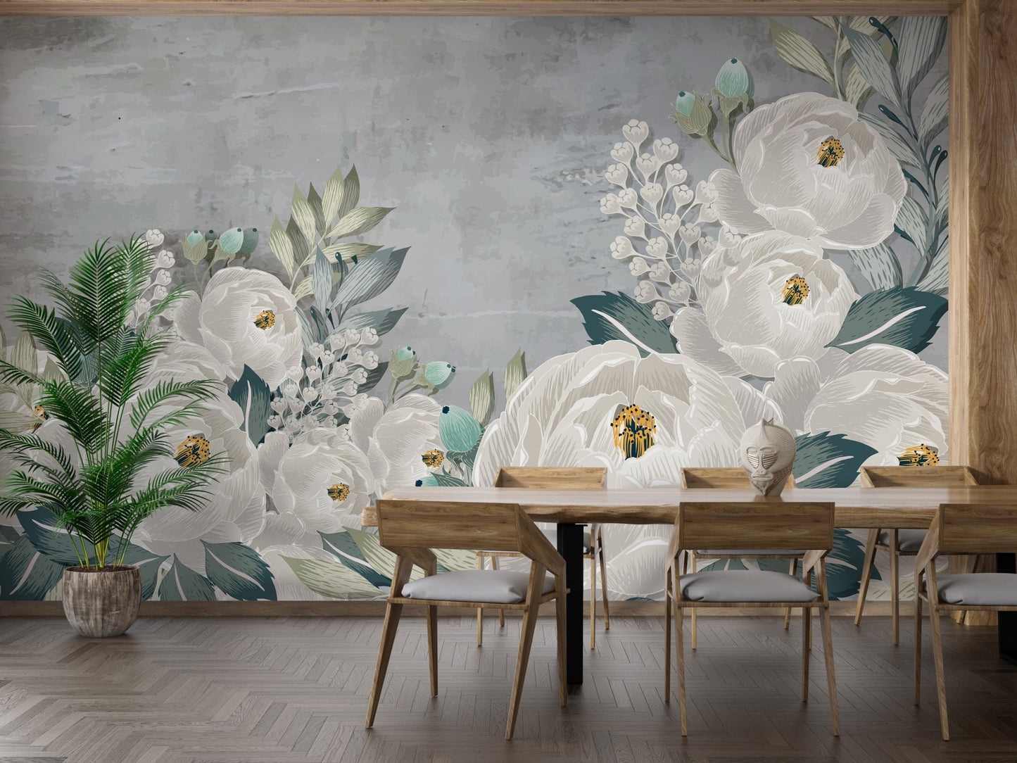 Artistic wall mural featuring graceful peony sketches with grunge in dining area.

