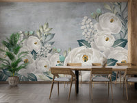 Artistic wall mural featuring graceful peony sketches with grunge in dining area.

