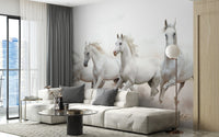 Running horse wall mural in a modern flat with large windows and grey curtains.