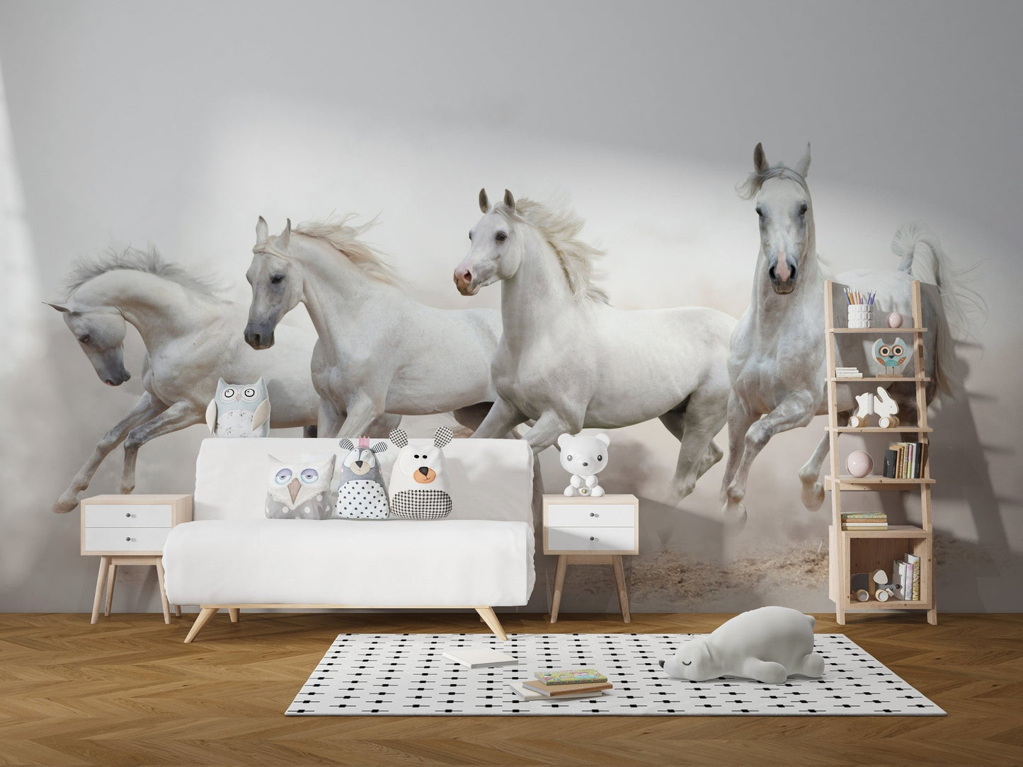 Galloping white horses wall mural in a minimalist room with a white cabinet.