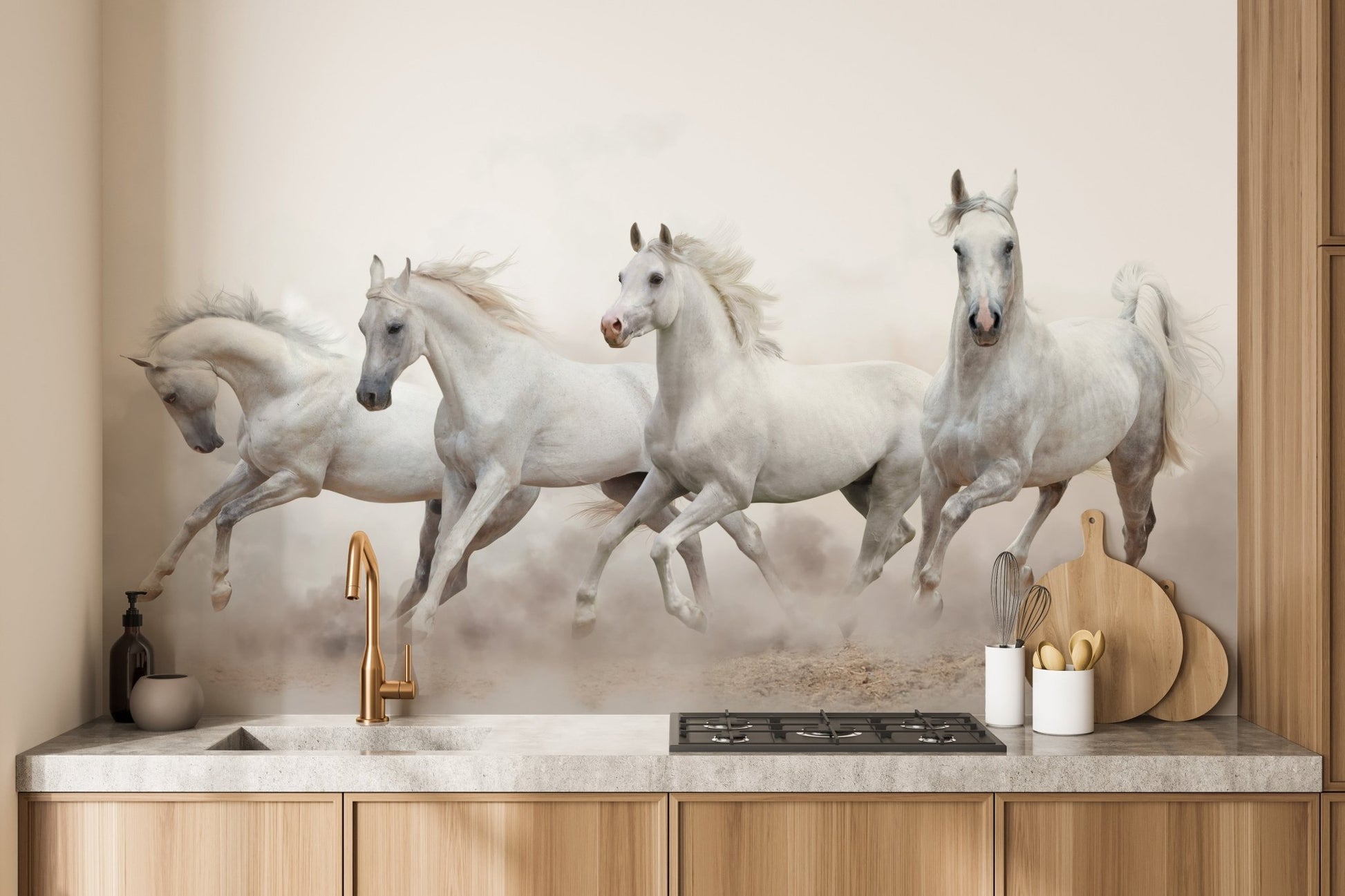 Kitchen wall mural featuring white horses above a wooden countertop.