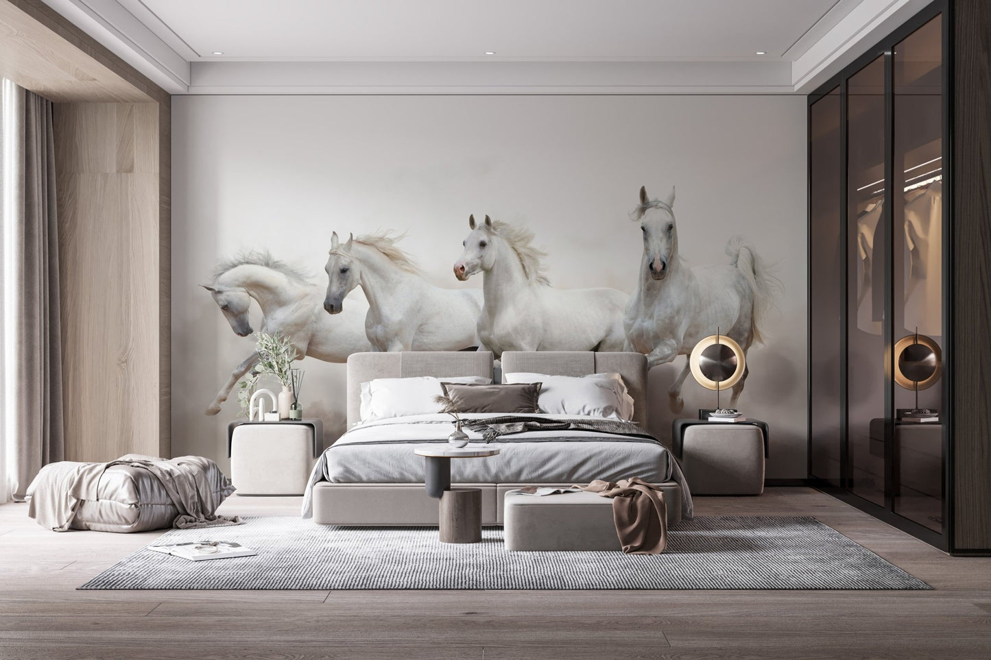 Grey and white horse wall mural in a bedroom with a dark wardrobe.