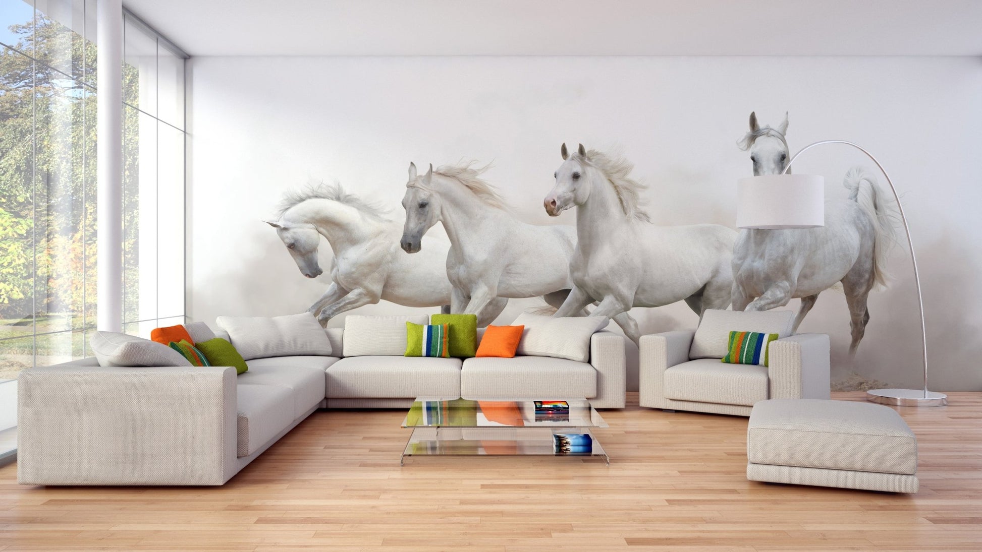 Graceful Horse Herd Wall Mural in a bright lounge with an L-shaped couch.