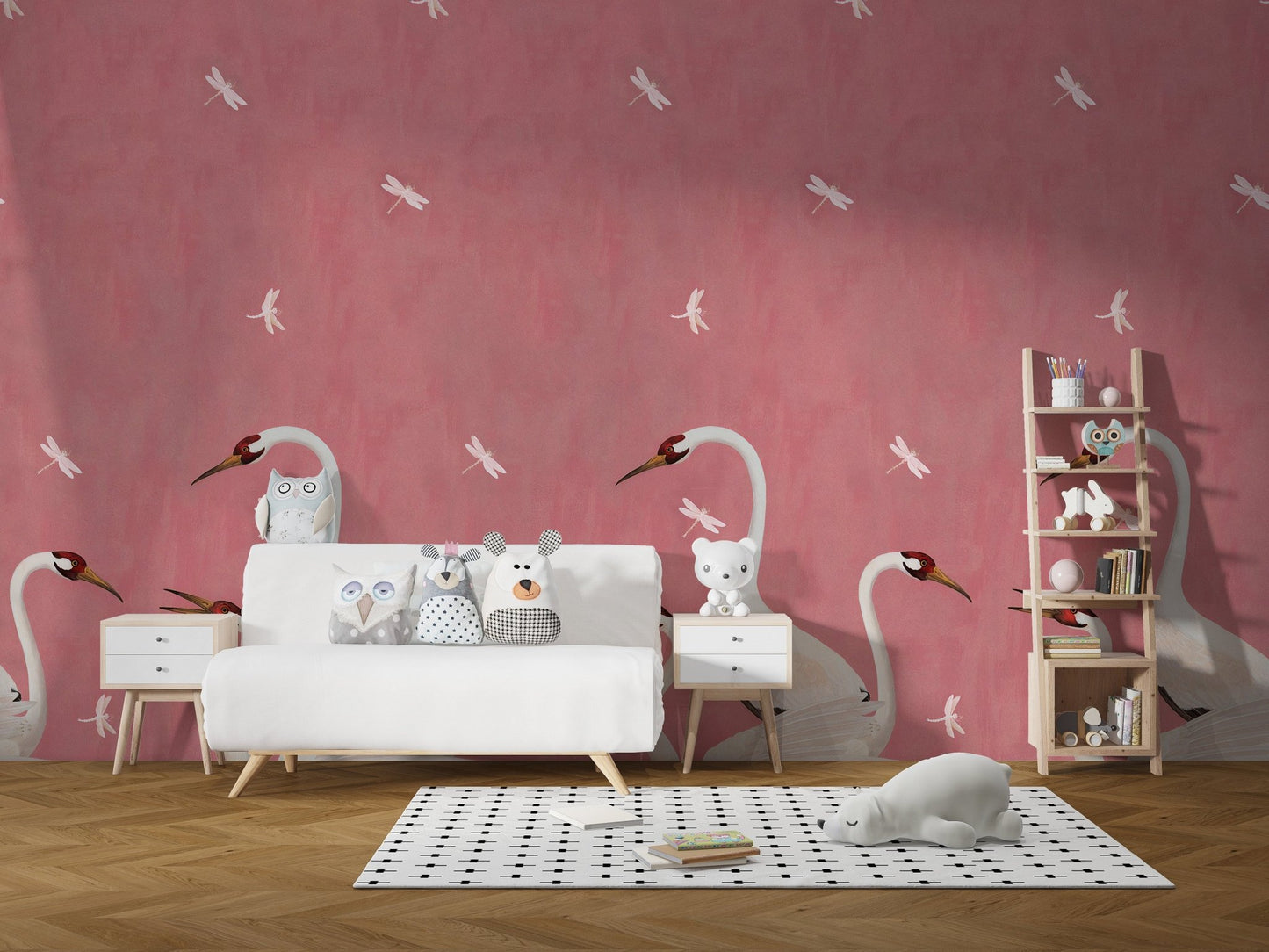 Graceful Sakura Soar Wall Mural in a children's play area with white furniture.