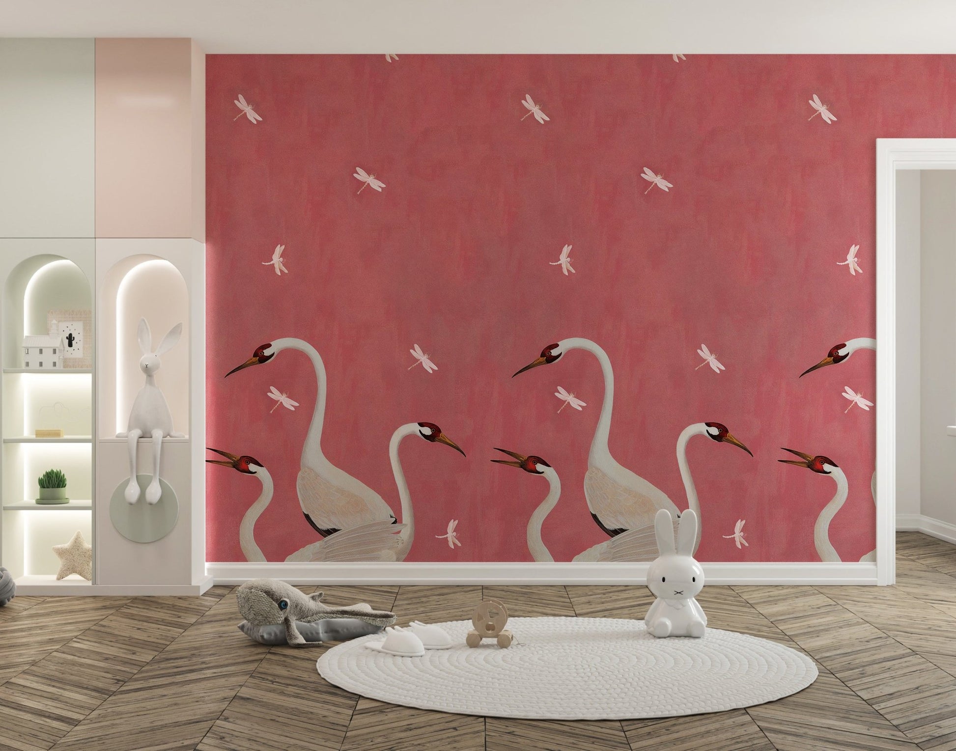 Minimalist kids room featuring pink soar wall mural and a circular white rug.