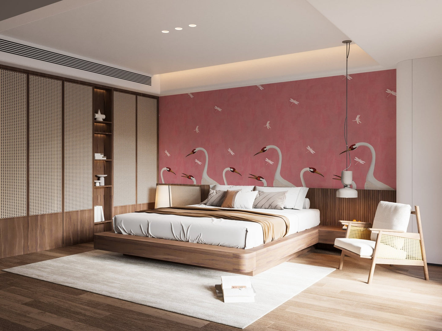 Graceful Sakura Soar Wall Mural behind a wooden bed frame in a master suite.