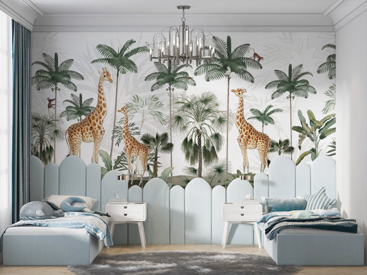 Gracious giraffes wallpaper for walls with tropical palm trees.