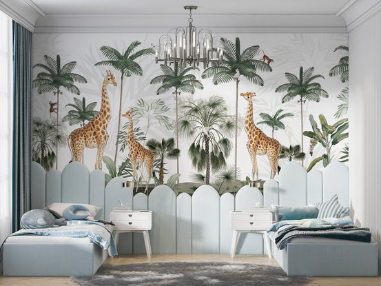 Gracious giraffes wallpaper for walls with tropical palm trees.