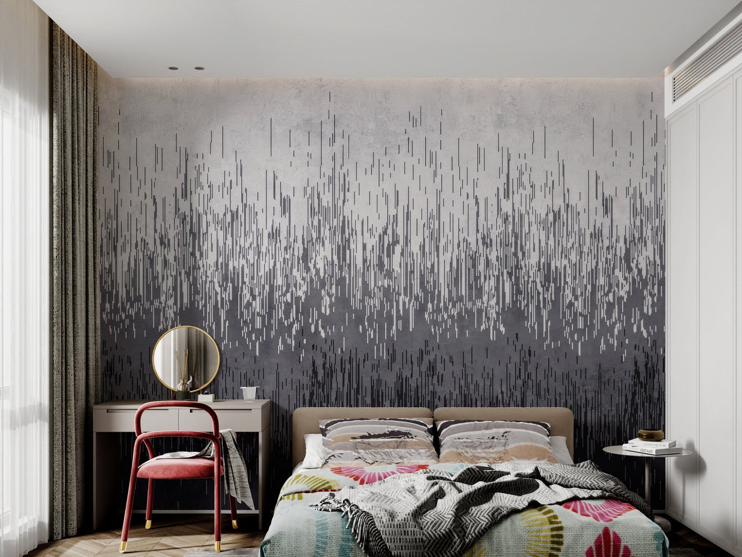 Abstract wall mural featuring fine vertical lines in kid bedroom.