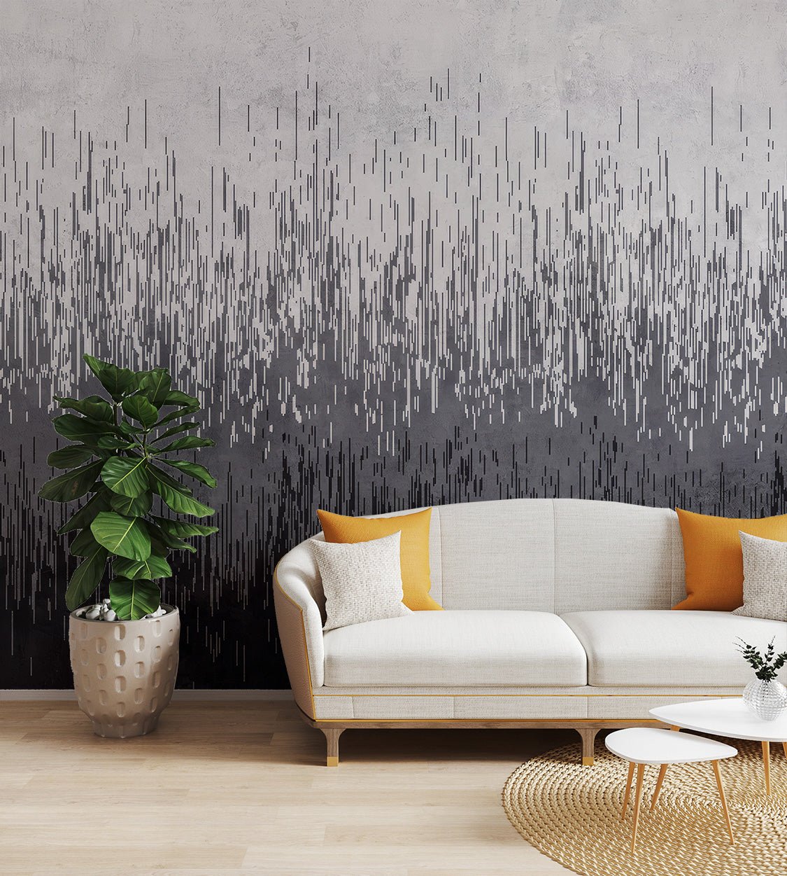 Monochrome gradient mural with vertical abstract lines for living room.