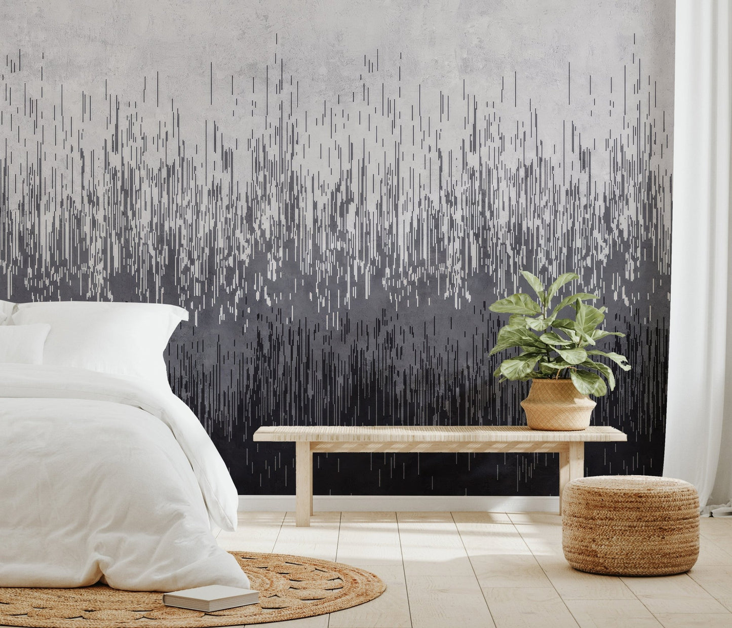 Gradient wall mural displaying dense vertical lines in bright bedroom.