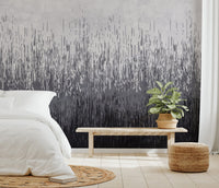 Gradient wall mural displaying dense vertical lines in bright bedroom.