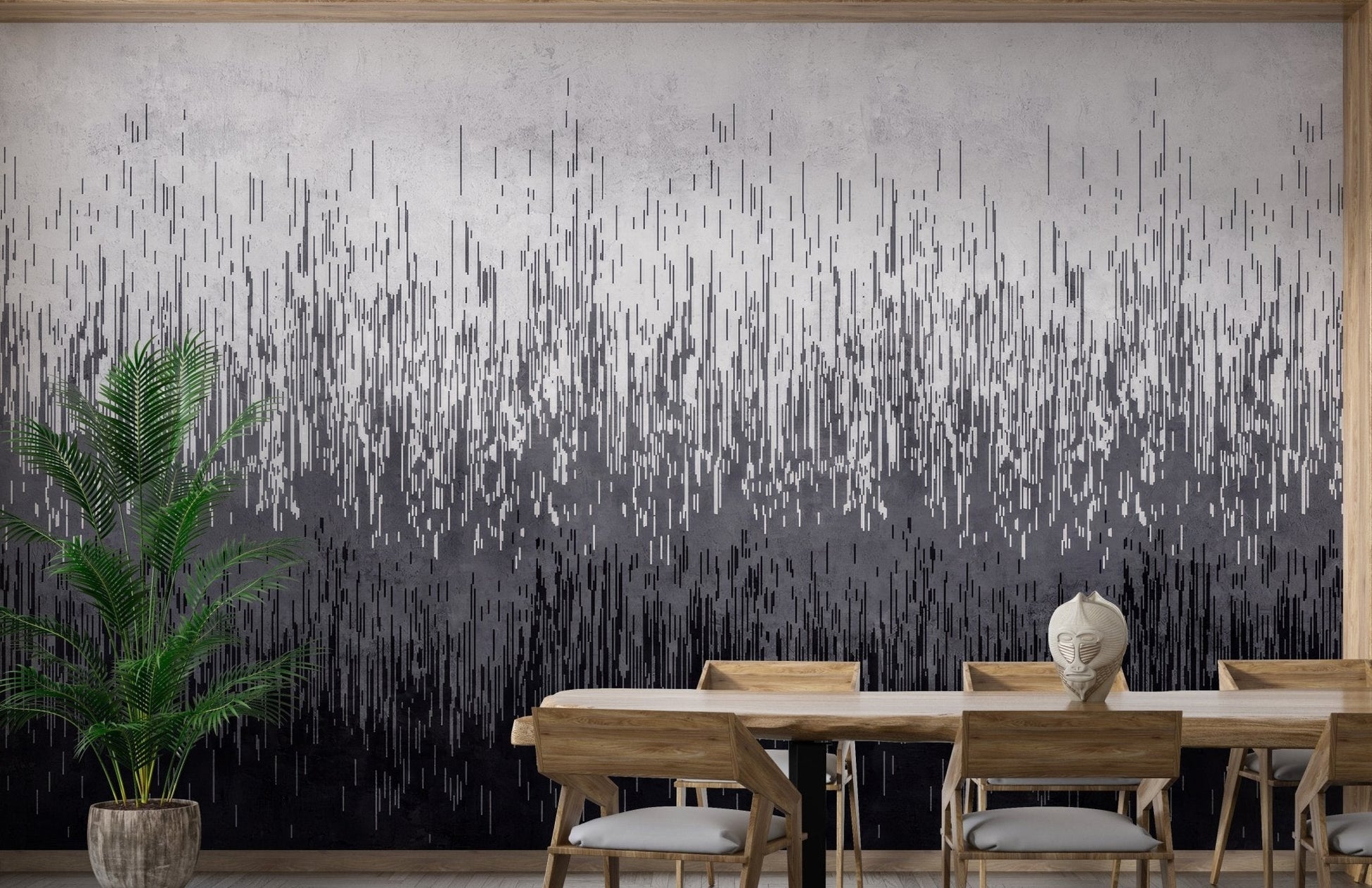 Vertical gradient wall mural with minimalist lines in dining room.