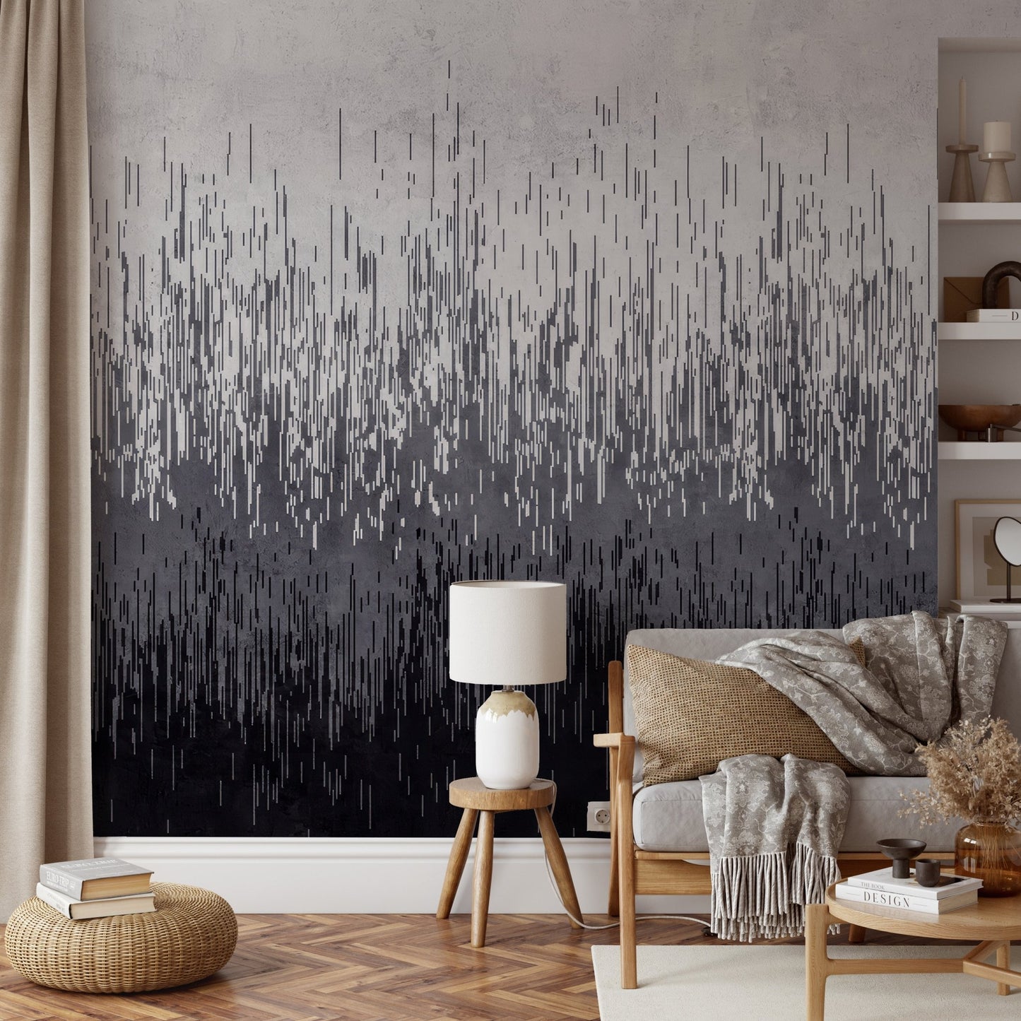 Modern geometric vertical line mural for residential feature wall.