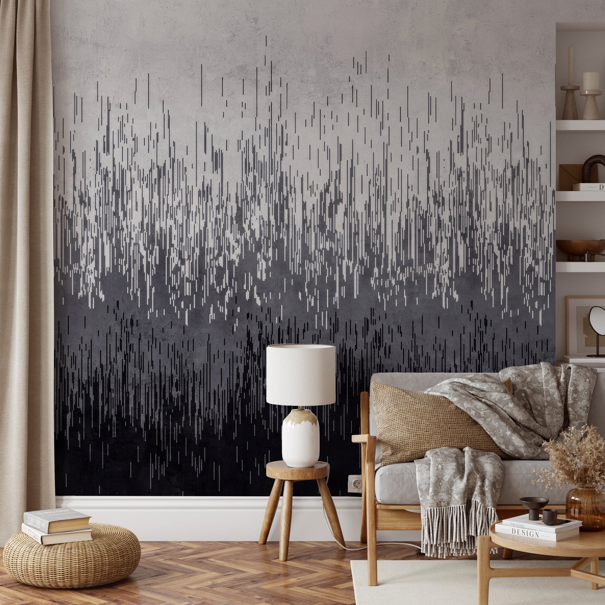 Modern geometric vertical line mural for residential feature wall.