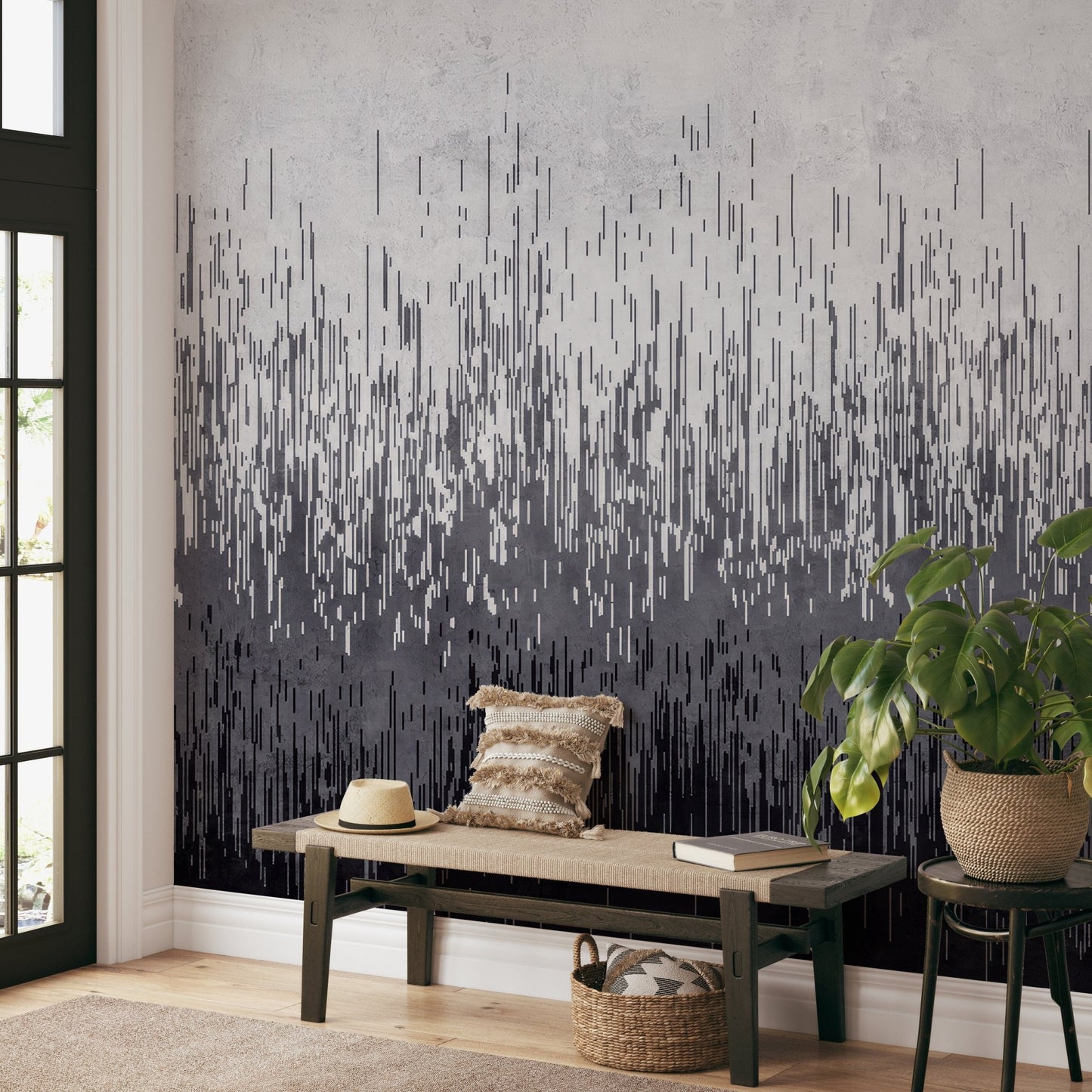 Abstract mural showcasing gradient lines transitioning from white to black.