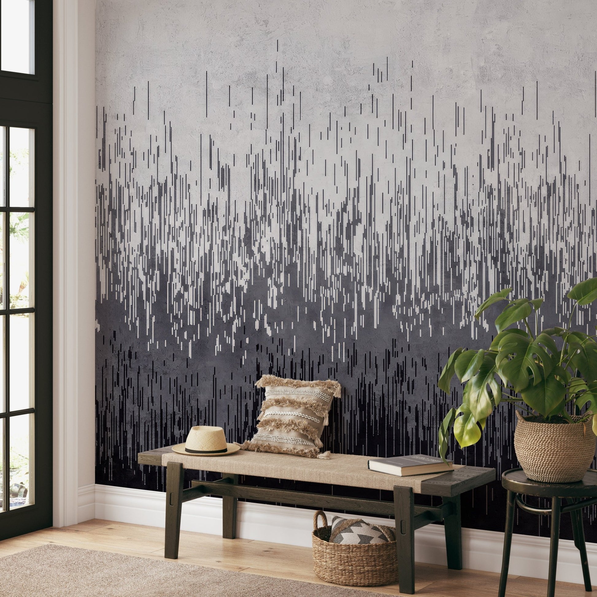 Abstract mural showcasing gradient lines transitioning from white to black.