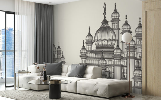 Mughal architecture wall mural in a modern living room with a white sectional sofa.