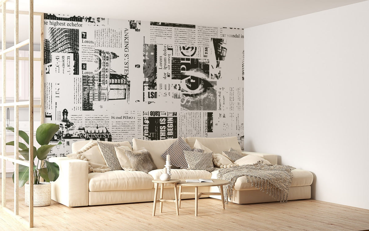 Black ink headline collage wallpaper mural with urban print design.
