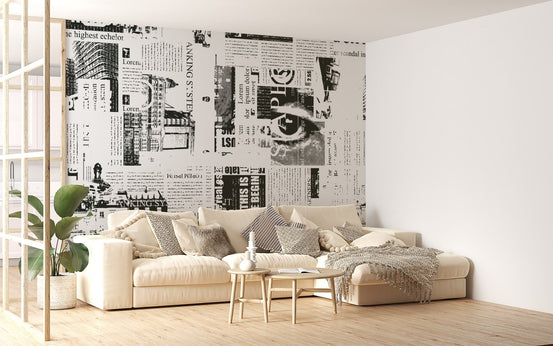 Black ink headline collage wallpaper mural with urban print design.