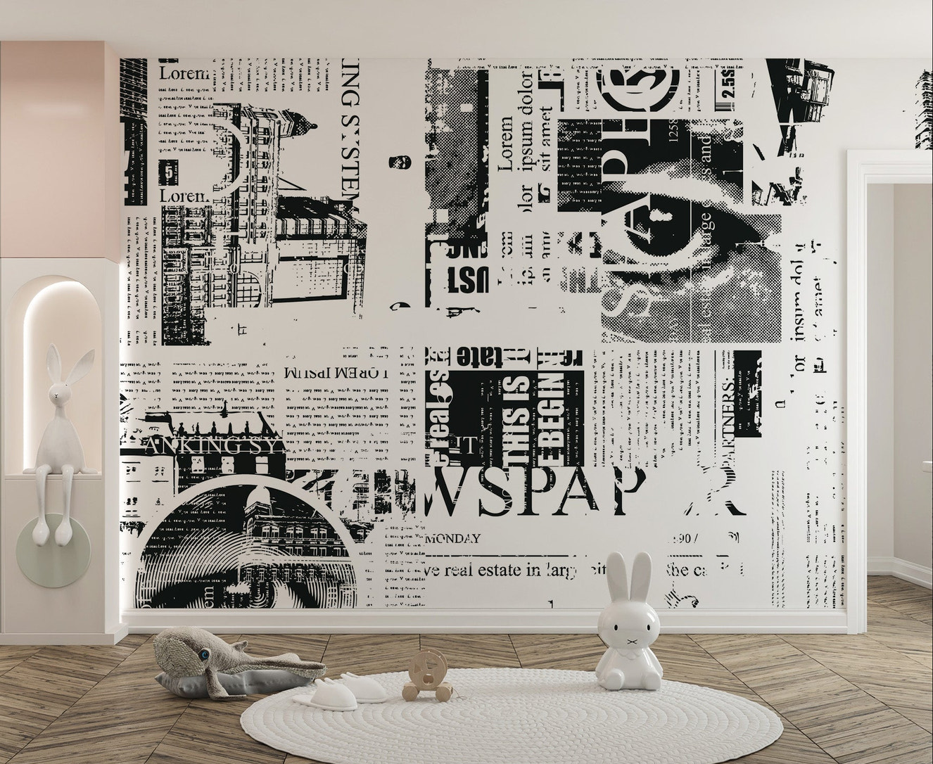 Graphic newsprint wallpaper mural in black and white collage print.