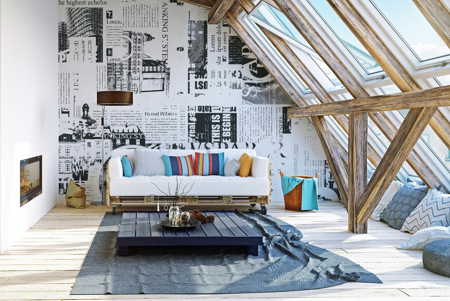Typographic newspaper wallpaper mural with layered print textures.