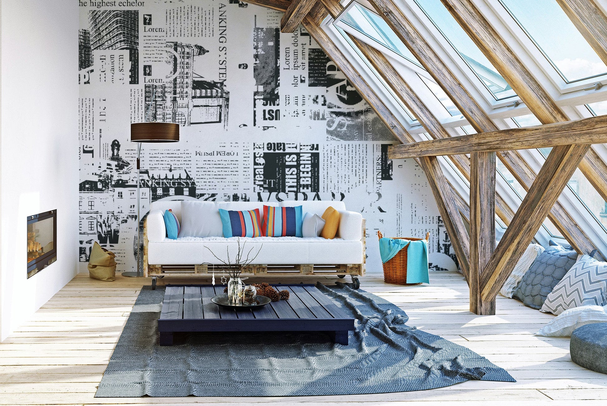 Typographic newspaper wallpaper mural with layered print textures.