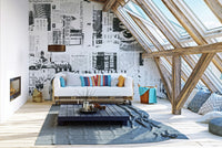 Typographic newspaper wallpaper mural with layered print textures.