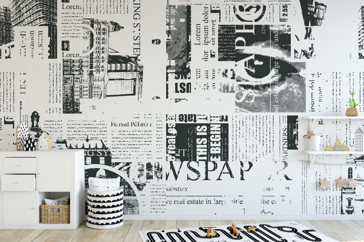 Monochrome newspaper style wall mural with bold typography layout.