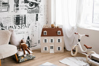 Editorial headline inspired wall mural with graphic pattern layout.