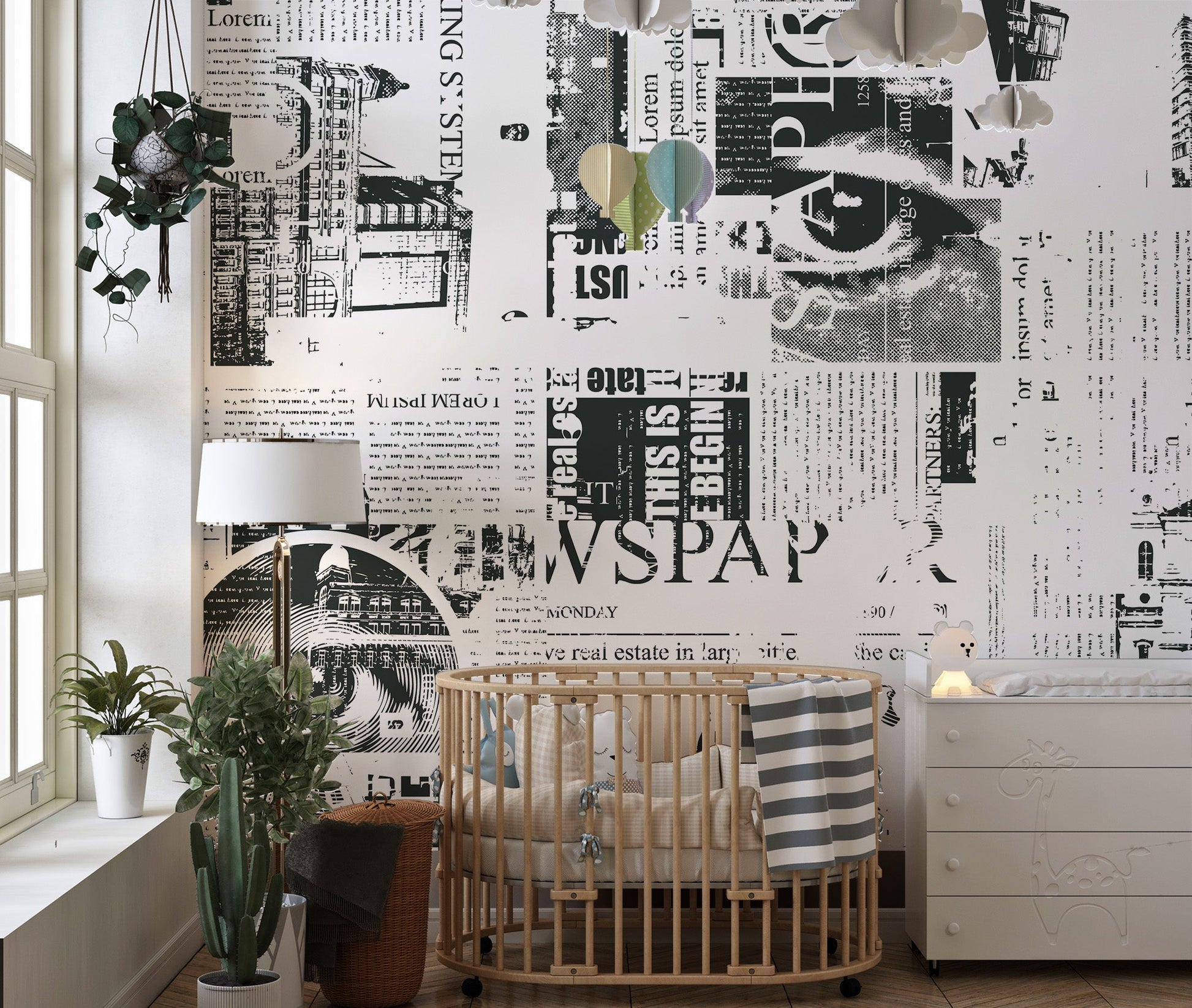 Graphic newsprint wallpaper featuring layered editorial textures.