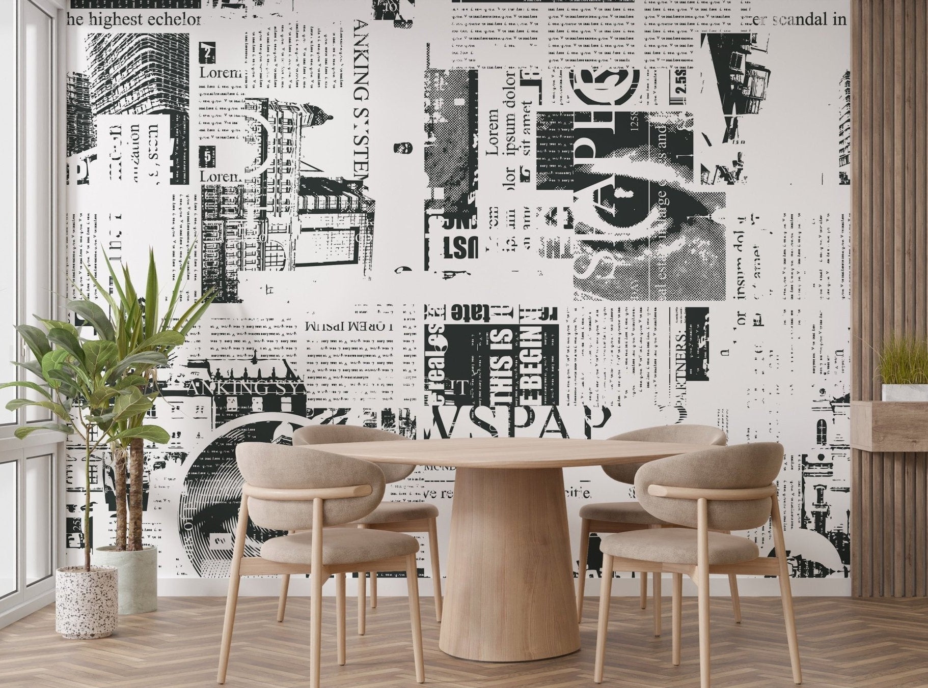 Abstract newsprint wallpaper mural with mixed text overlays.