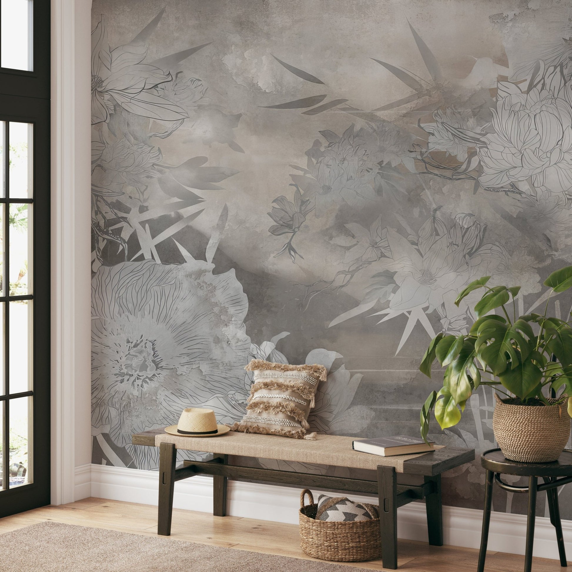 Neutral wall mural featuring delicate floral outlines and botanical textures.