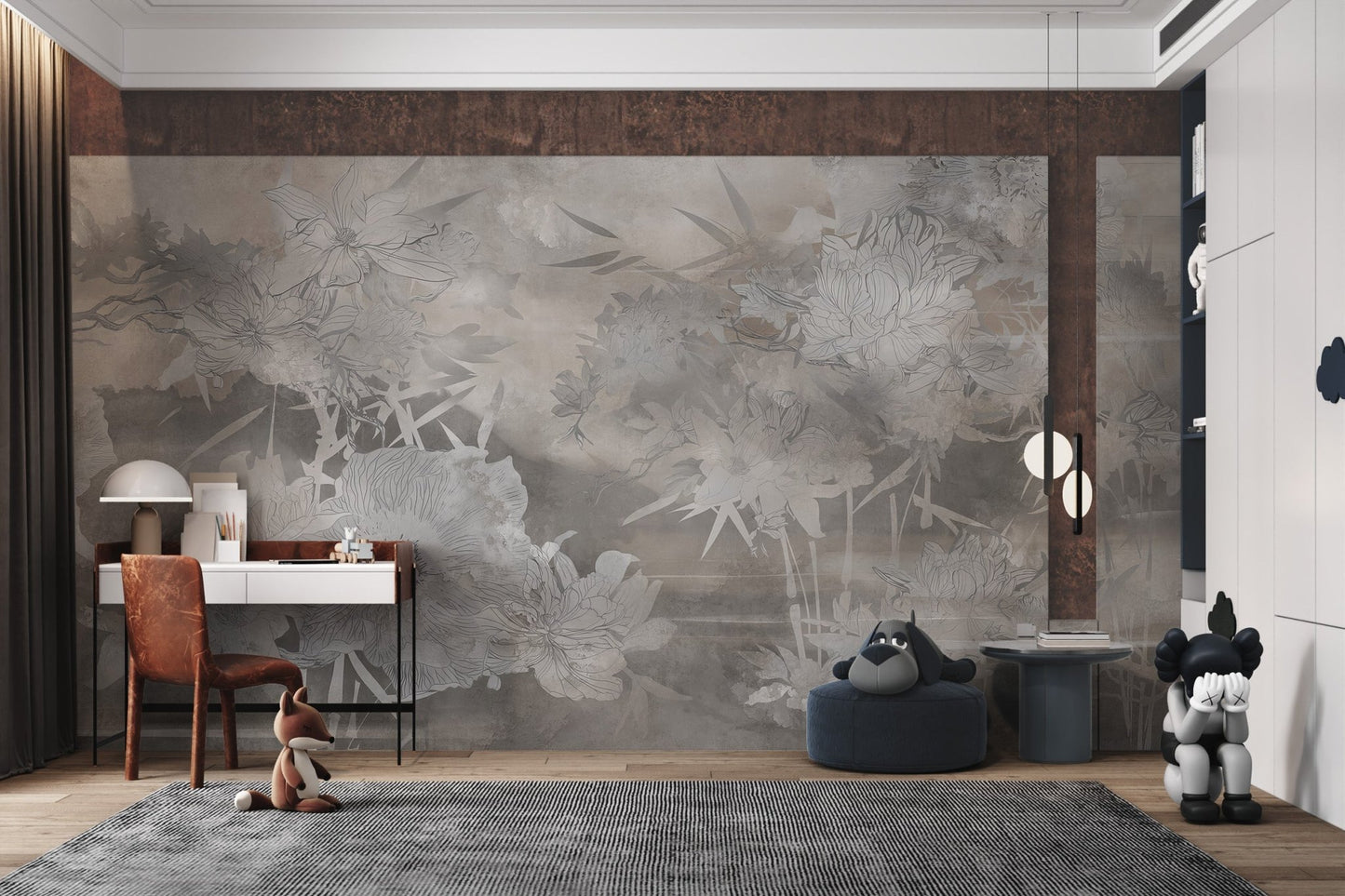 Gray Botanical Harmony Wall Mural with charcoal floral line art for study room.