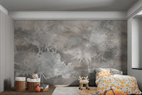 Smoky grey peony sketch wall mural for bedroom in a residential apartment