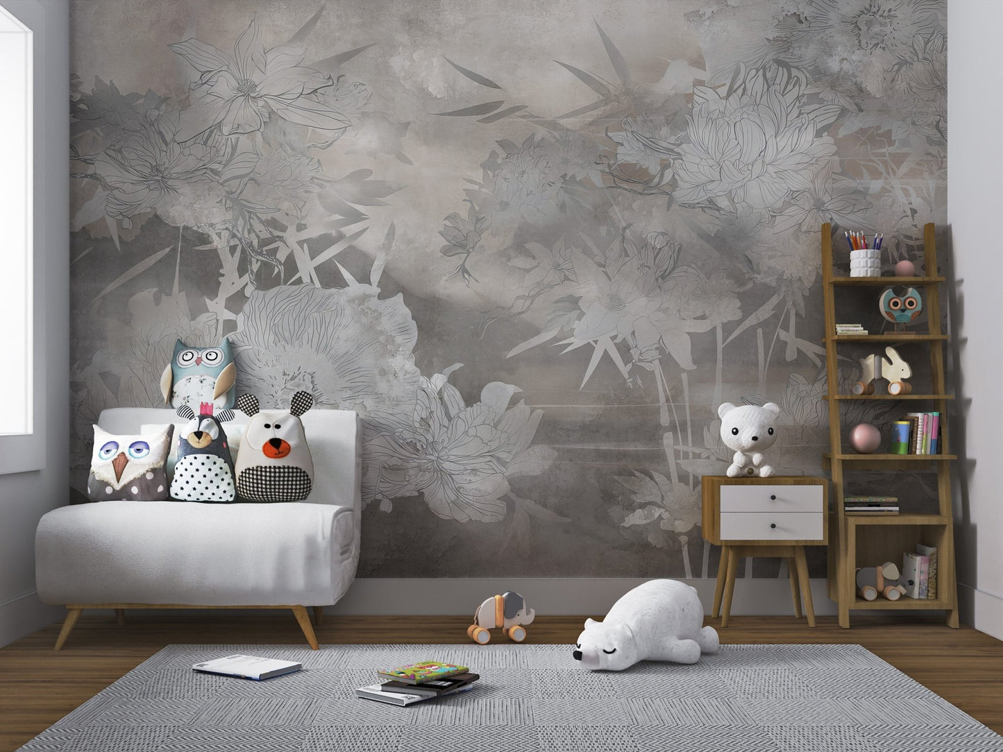 Monochrome watercolor floral wall mural for a contemporary kids room.