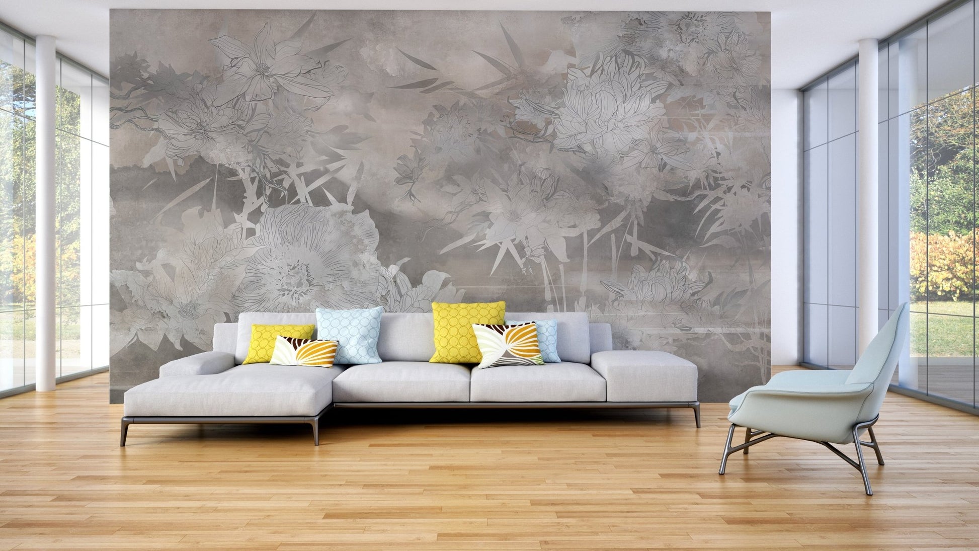 Monochrome floral wall mural with an artistic blend of flowers and leaves.