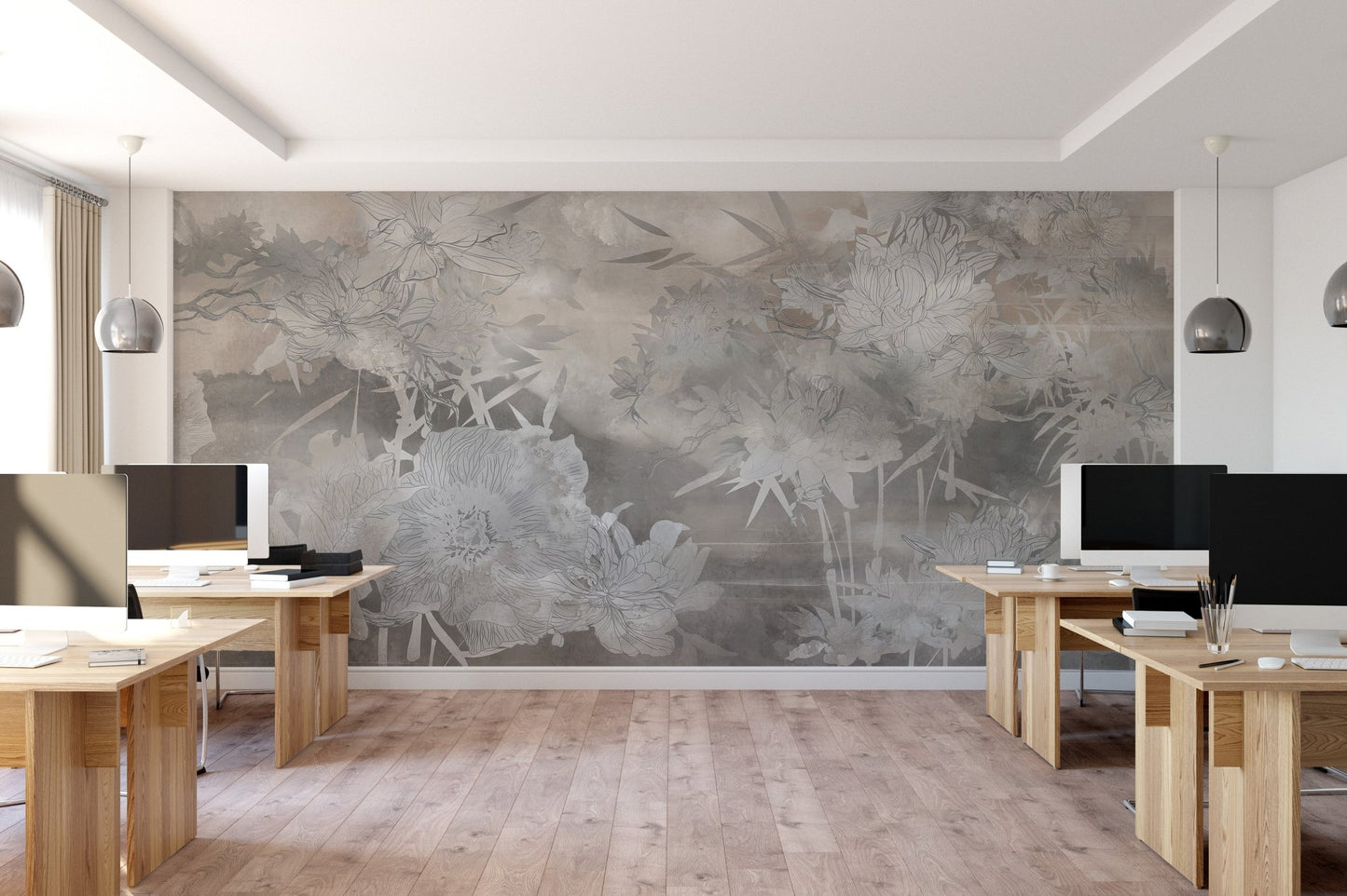 Soft botanical wall mural with hand-drawn flowers in a modern office.