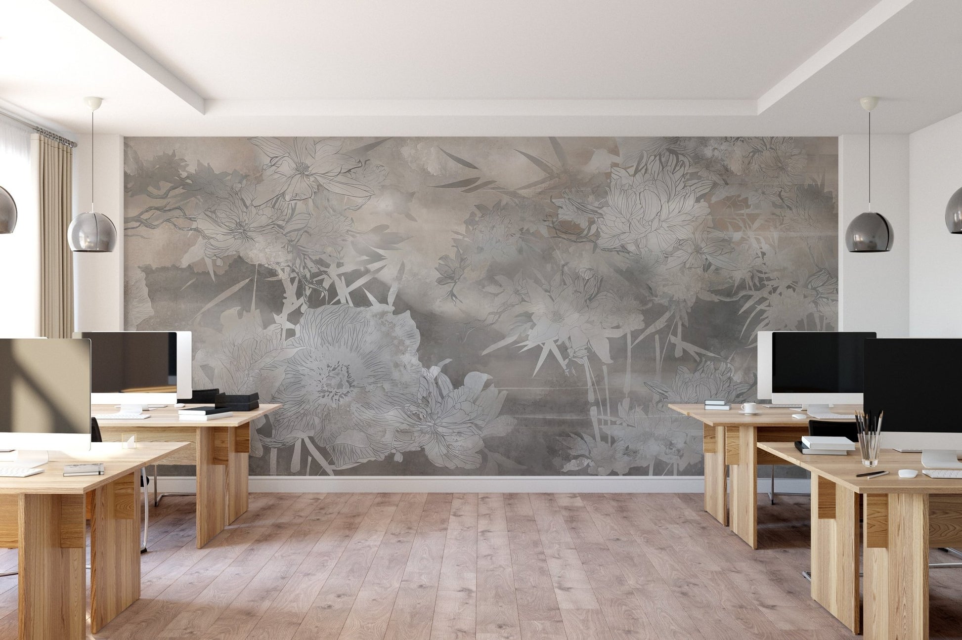 Soft botanical wall mural with hand-drawn flowers in a modern office.