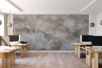 Soft botanical wall mural with hand-drawn flowers in a modern office.