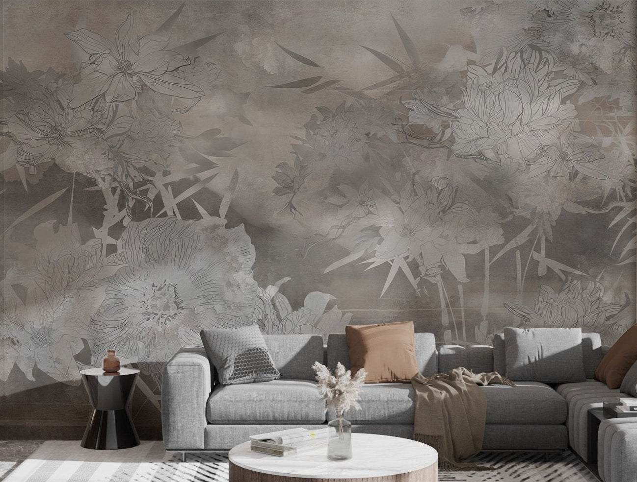 Grayscale floral wall mural with flowing botanical patterns for living room.