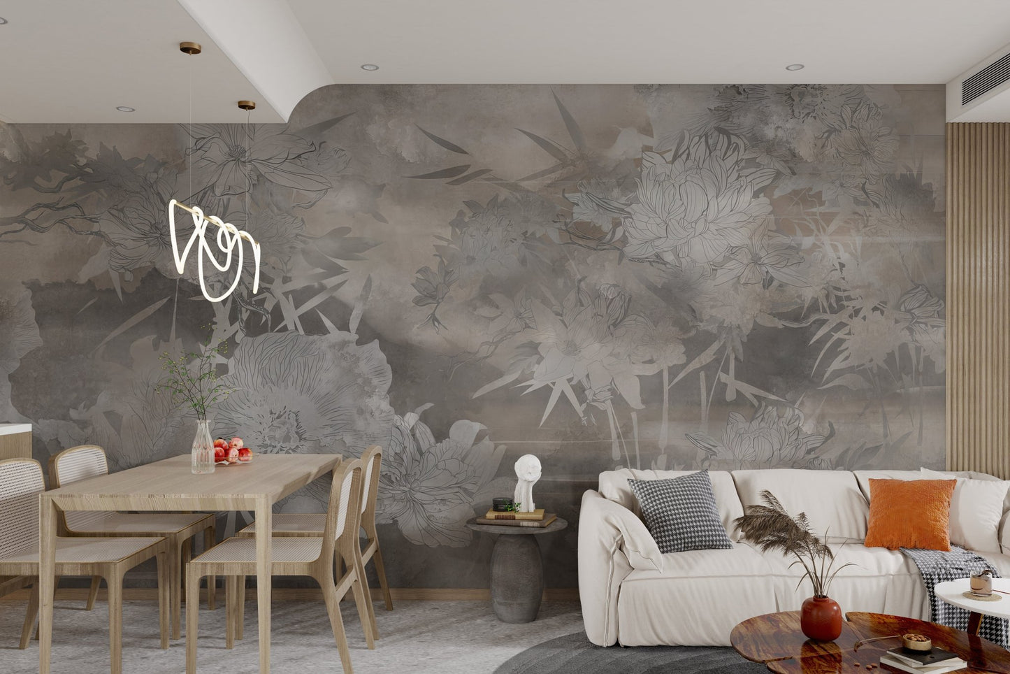 Minimalistic floral mural with sketched flowers in shades of gray for flat.