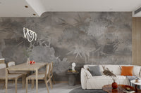 Minimalistic floral mural with sketched flowers in shades of gray for flat.