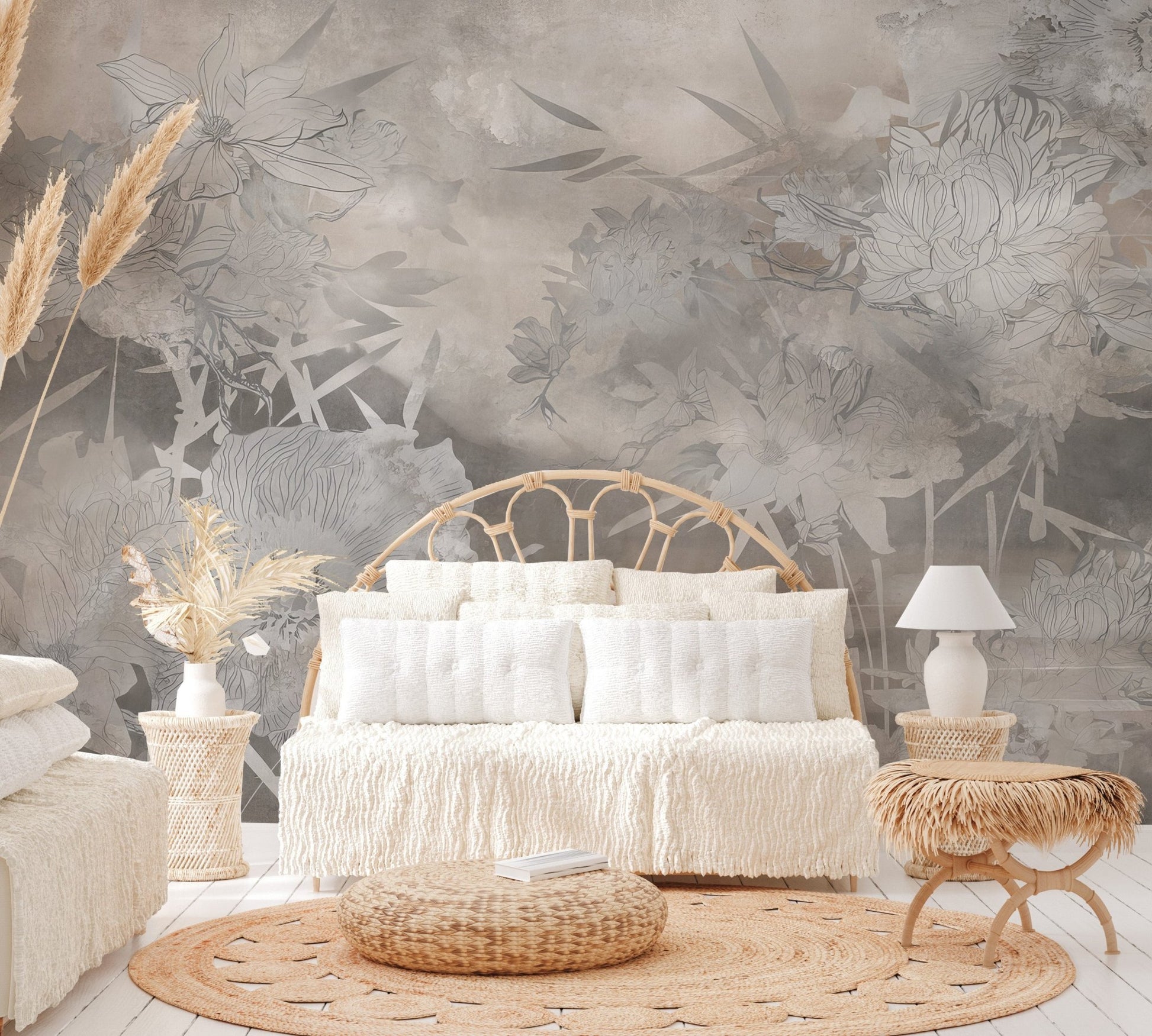 Elegant gray floral wall mural with delicate botanical sketches.